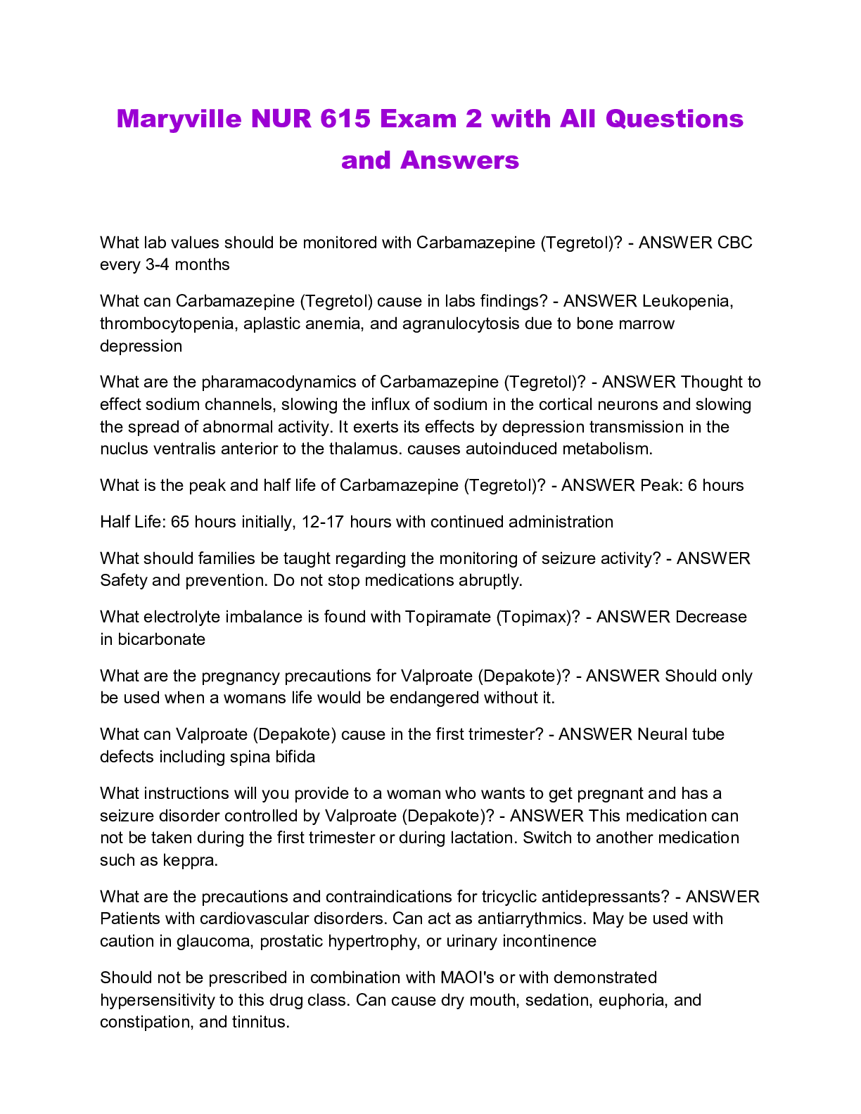 Preview of Maryville NUR 615 Exam 2 with All Questions and Answers